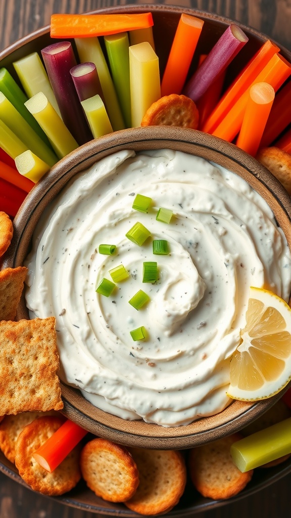 Creamy clam dip in a bowl with vegetable sticks and crackers on a rustic table.